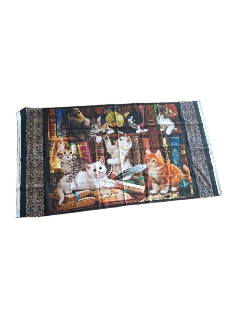 Cat Library Fabric 24"X44" Panel Literary Kittens Cats Books Cotton by QT